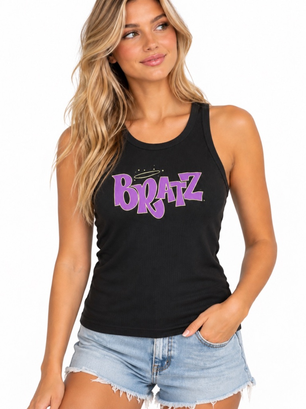 Bratz Black Ribbed Logo Tank Top with Purple Graphic | Size Large